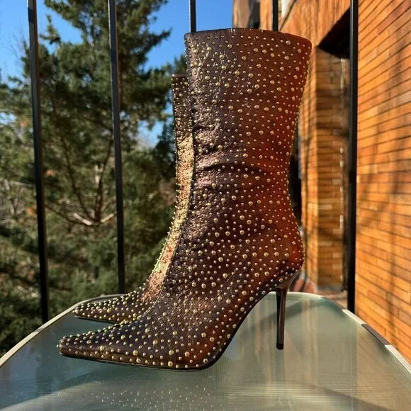 New Jeffrey Campbell Iconic Heeled Studded Boots Shoes Gold Bronze Womens 10